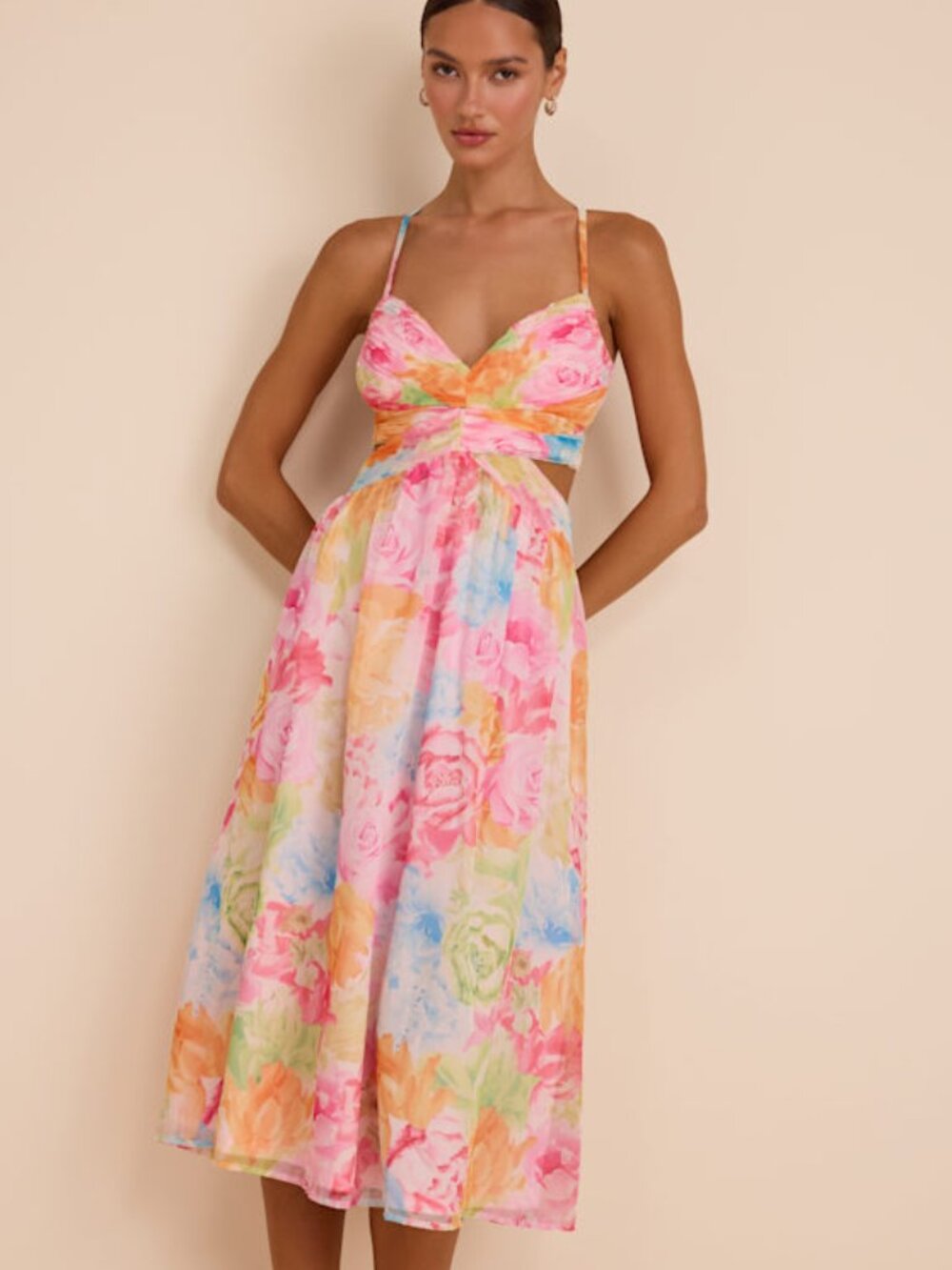 Lulus Ettalie Pink Multi Floral Lace-up Midi Dress - Size L